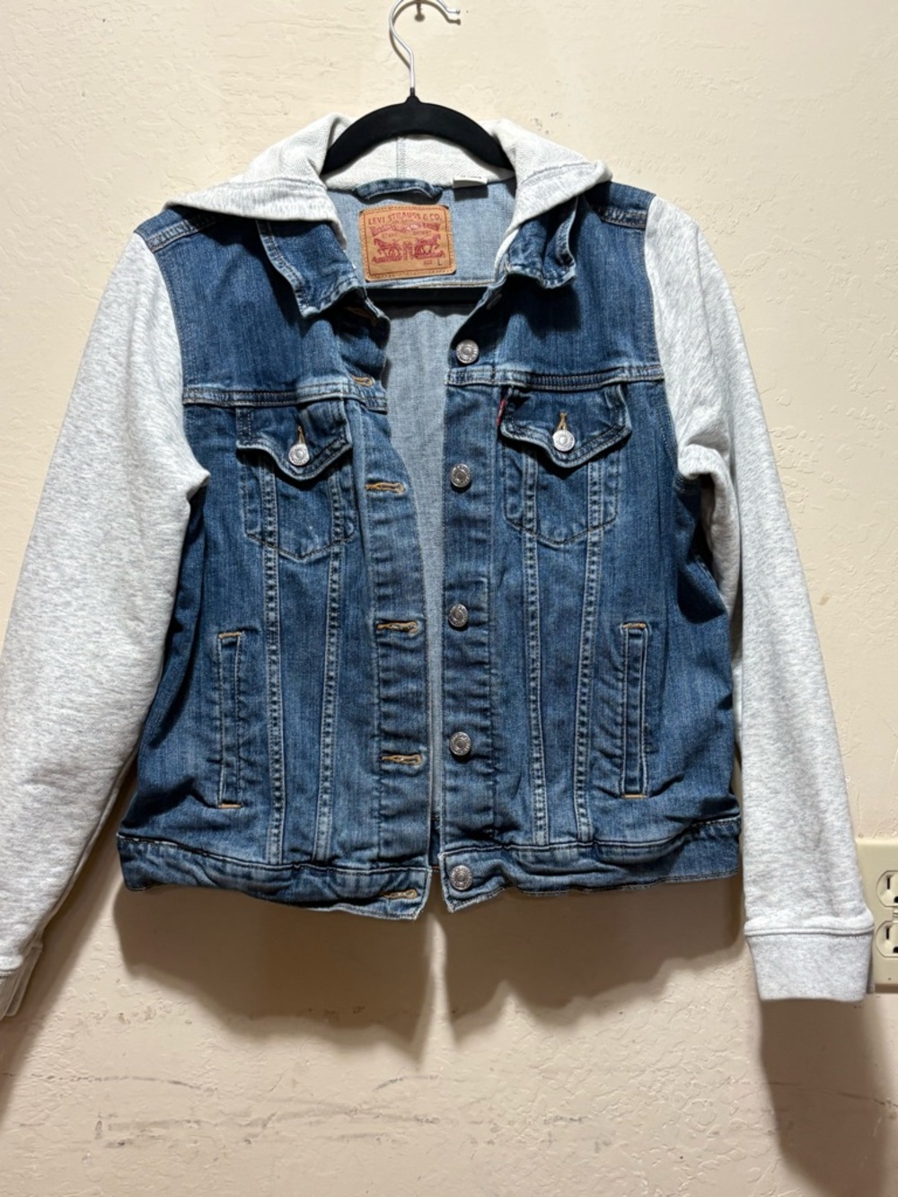 Levi's Blue Denim Jacket with Light Gray Hood and Sleeves
